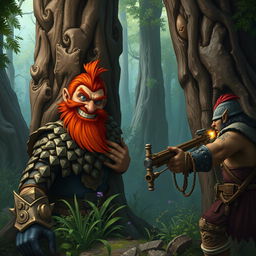 In a fantastical Dungeons & Dragons forest setting, a ruddy tan, red-haired male rock gnome artificer with striking sapphire-blue eyes and a red beard and mustache, adorned in intricately crafted scale armor, grins maniacally while hiding behind a large, ancient tree