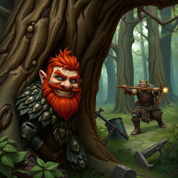 In a fantastical Dungeons & Dragons forest setting, a ruddy tan, red-haired male rock gnome artificer with striking sapphire-blue eyes and a red beard and mustache, adorned in intricately crafted scale armor, grins maniacally while hiding behind a large, ancient tree