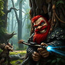 In a fantastical Dungeons & Dragons forest setting, a ruddy tan, red-haired male rock gnome artificer with striking sapphire-blue eyes and a red beard and mustache, adorned in intricately crafted scale armor, grins maniacally while hiding behind a large, ancient tree