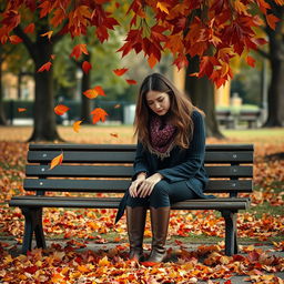 A sad woman sitting on a park bench beneath a cascade of falling autumn leaves