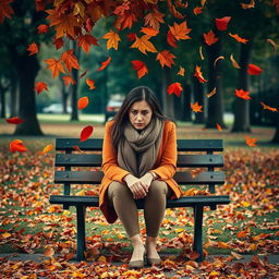 A sad woman sitting on a park bench beneath a cascade of falling autumn leaves