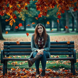 A sad woman sitting on a park bench beneath a cascade of falling autumn leaves