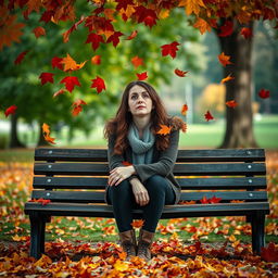 A sad woman sitting on a park bench beneath a cascade of falling autumn leaves