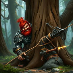 In a fantastical Dungeons & Dragons forest setting, a ruddy tan, red-haired male rock gnome artificer with striking sapphire-blue eyes, a red beard, and mustache is clad in elaborately designed scale armor