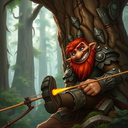 In a fantastical Dungeons & Dragons forest setting, a ruddy tan, red-haired male rock gnome artificer with striking sapphire-blue eyes, a red beard, and mustache is clad in elaborately designed scale armor