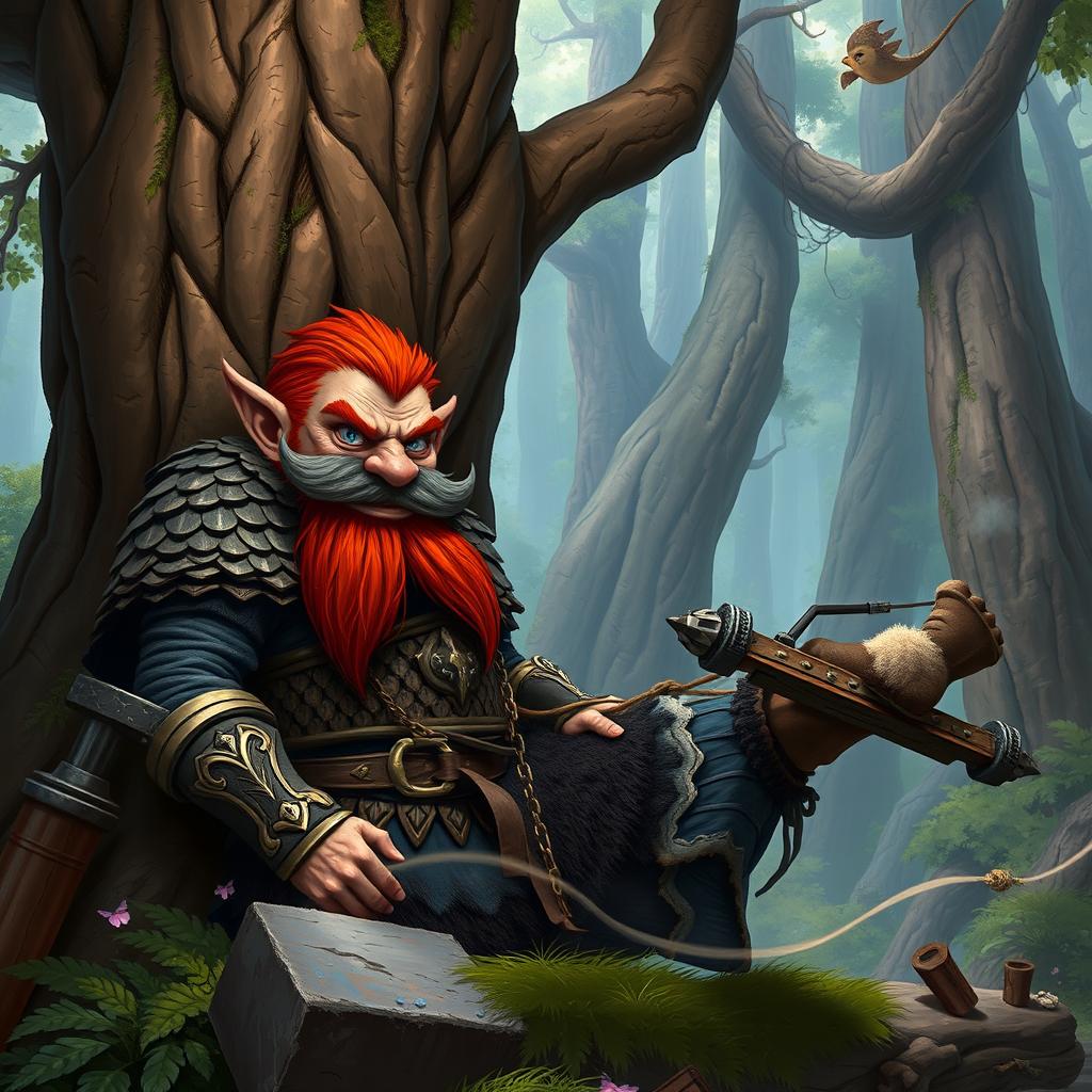 In a fantastical Dungeons & Dragons forest setting, a ruddy tan, red-haired male rock gnome artificer with striking sapphire-blue eyes, a red beard, and mustache is clad in elaborately designed scale armor