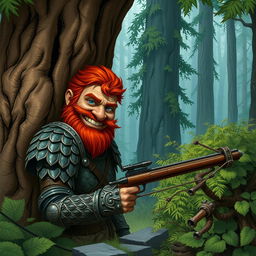 In a fantastical Dungeons & Dragons forest setting, a ruddy tan, red-haired male rock gnome artificer with striking sapphire-blue eyes and a red beard and mustache, is clothed in intricately crafted scale armor