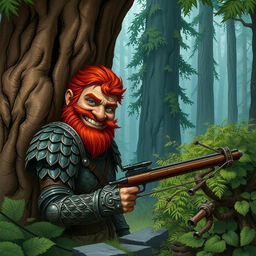 In a fantastical Dungeons & Dragons forest setting, a ruddy tan, red-haired male rock gnome artificer with striking sapphire-blue eyes and a red beard and mustache, is clothed in intricately crafted scale armor