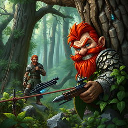 In a fantastical Dungeons & Dragons forest setting, a ruddy tan, red-haired male rock gnome artificer with striking sapphire-blue eyes and a red beard and mustache, is clothed in intricately crafted scale armor