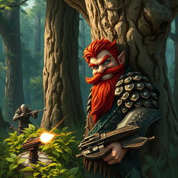 In a fantastical Dungeons & Dragons forest setting, a ruddy tan, red-haired male rock gnome artificer with striking sapphire-blue eyes and a red beard and mustache, is clothed in intricately crafted scale armor