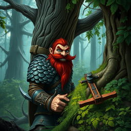 In a fantastical Dungeons & Dragons forest setting, a ruddy tan, red-haired male rock gnome artificer with striking sapphire-blue eyes and a red beard and mustache, is clothed in intricately crafted scale armor