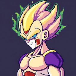 8-bit pixel art of Frieza in Super Saiyan form, combining characteristics of Frieza's iconic design with the aura and features of a Super Saiyan, detailed pixel art with vibrant colors emphasizing the energy aura