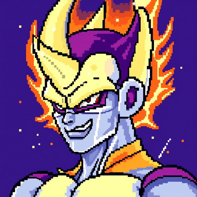 8-bit pixel art of Frieza in Super Saiyan form, combining characteristics of Frieza's iconic design with the aura and features of a Super Saiyan, detailed pixel art with vibrant colors emphasizing the energy aura