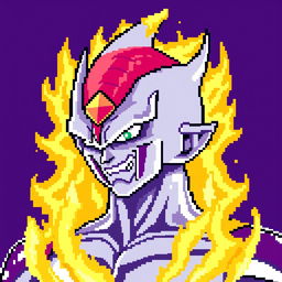 8-bit pixel art of Frieza in Super Saiyan form, combining characteristics of Frieza's iconic design with the aura and features of a Super Saiyan, detailed pixel art with vibrant colors emphasizing the energy aura