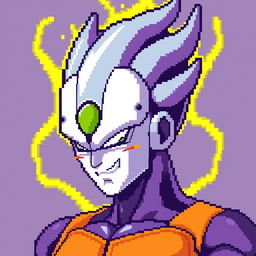 8-bit pixel art of Frieza in Super Saiyan form, combining characteristics of Frieza's iconic design with the aura and features of a Super Saiyan, detailed pixel art with vibrant colors emphasizing the energy aura