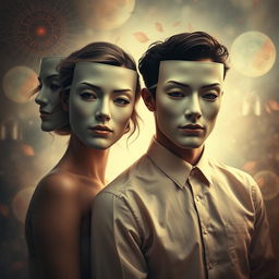 A surrealistic film poster depicting a couple wearing total masks on their faces, where the mask worn by the woman is the face of the man, and the mask worn by the man is the face of the woman