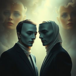 A surrealistic film poster depicting a couple wearing total masks on their faces, where the mask worn by the woman is the face of the man, and the mask worn by the man is the face of the woman