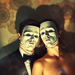 A surrealistic film poster depicting a couple wearing total masks on their faces, where the mask worn by the woman is the face of the man, and the mask worn by the man is the face of the woman