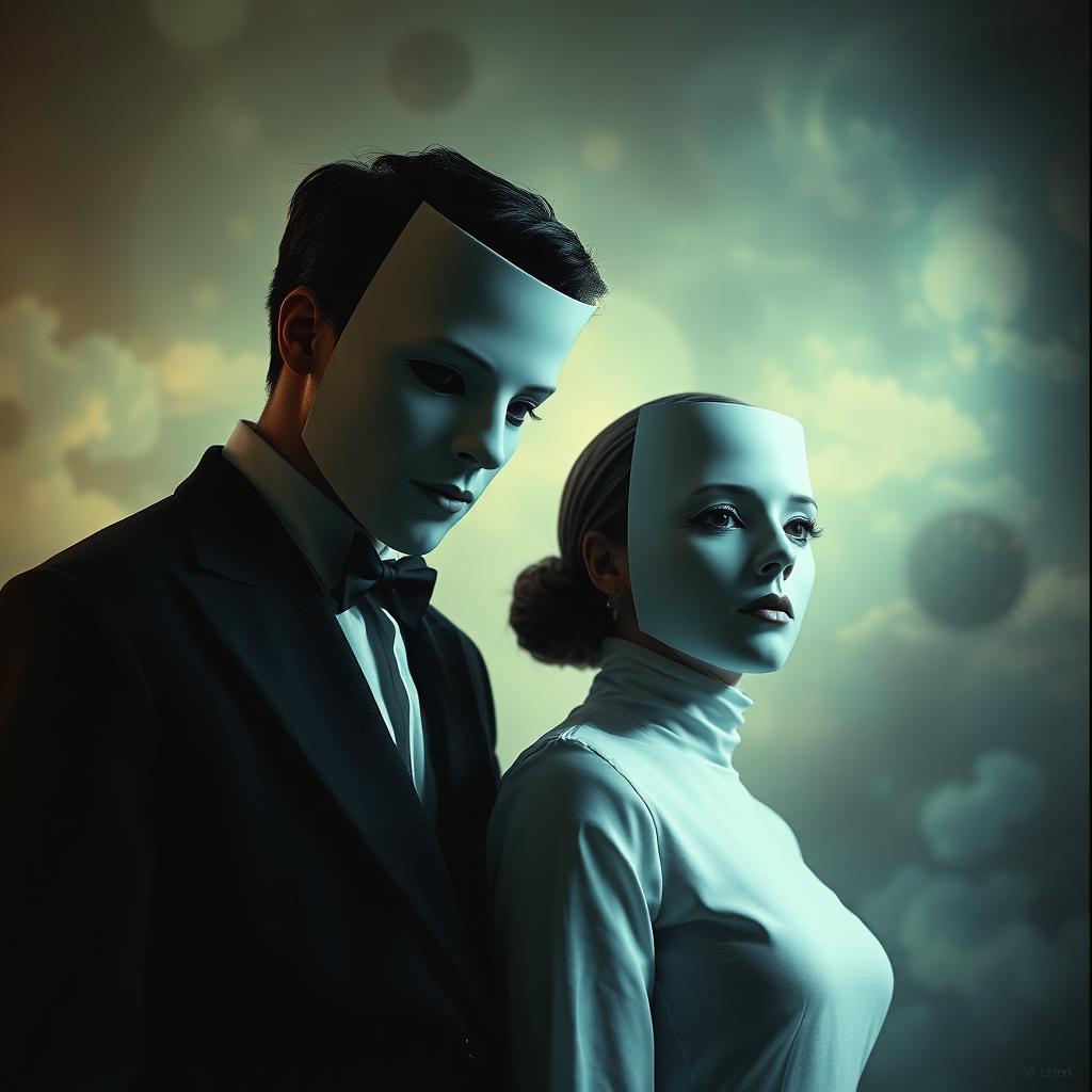 A surrealistic film poster depicting a couple wearing total masks on their faces, where the mask worn by the woman is the face of the man, and the mask worn by the man is the face of the woman