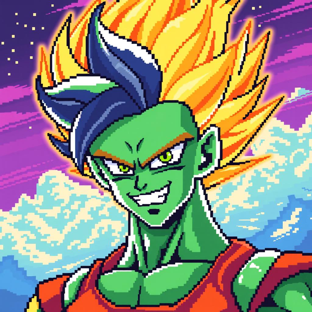 8-bit pixel art of Cell in Super Saiyan form, showcasing vibrant energy aura and classic dragon ball z features, including angular facial features, menacing smile, and intense eyes