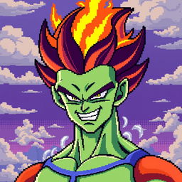 8-bit pixel art of Cell in Super Saiyan form, showcasing vibrant energy aura and classic dragon ball z features, including angular facial features, menacing smile, and intense eyes