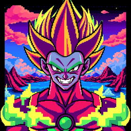 8-bit pixel art of Cell in Super Saiyan form, showcasing vibrant energy aura and classic dragon ball z features, including angular facial features, menacing smile, and intense eyes