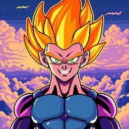 8-bit pixel art of Cell in Super Saiyan form, showcasing vibrant energy aura and classic dragon ball z features, including angular facial features, menacing smile, and intense eyes