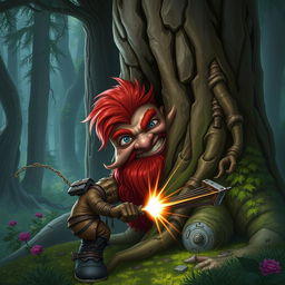 In a fantastical Dungeons & Dragons forest setting, a red-haired male rock gnome with captivating sapphire-blue eyes, accompanied by a red beard and mustache, grins maniacally as he conceals himself behind an ancient tree