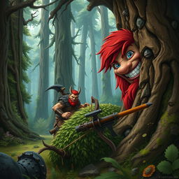 In a fantastical Dungeons & Dragons forest setting, a red-haired male rock gnome with captivating sapphire-blue eyes, accompanied by a red beard and mustache, grins maniacally as he conceals himself behind an ancient tree