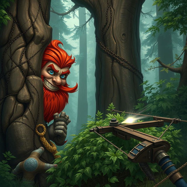 In a fantastical Dungeons & Dragons forest setting, a red-haired male rock gnome with captivating sapphire-blue eyes, accompanied by a red beard and mustache, grins maniacally as he conceals himself behind an ancient tree