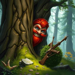 In a fantastical Dungeons & Dragons forest setting, a red-haired male rock gnome with captivating sapphire-blue eyes, accompanied by a red beard and mustache, grins maniacally as he conceals himself behind an ancient tree