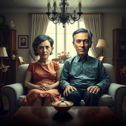 A surrealistic film poster featuring a 50-year-old couple seated on a sofa in a dining room