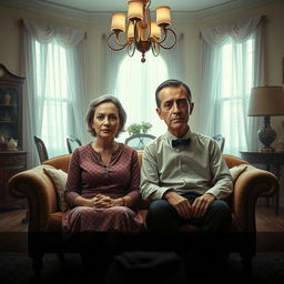 A surrealistic film poster featuring a 50-year-old couple seated on a sofa in a dining room