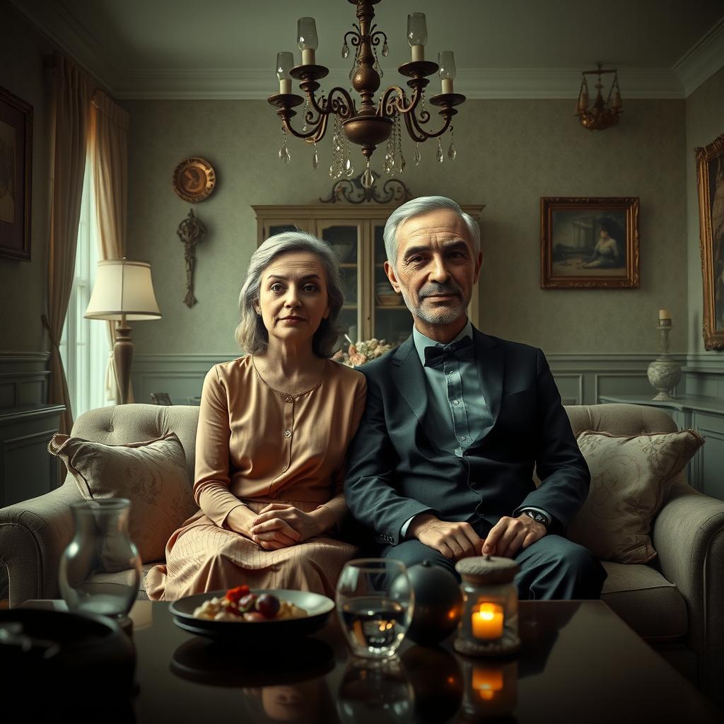 A surrealistic film poster featuring a 50-year-old couple seated on a sofa in a dining room