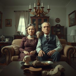 A surrealistic film poster featuring a 50-year-old couple seated on a sofa in a dining room