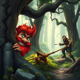 In a fantastical Dungeons & Dragons forest setting, a red-haired male rock gnome with vivid sapphire-blue eyes, along with a red beard and mustache, grins maniacally as he hides strategically behind an ancient tree