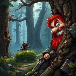 In a fantastical Dungeons & Dragons forest setting, a red-haired male rock gnome with vivid sapphire-blue eyes, along with a red beard and mustache, grins maniacally as he hides strategically behind an ancient tree