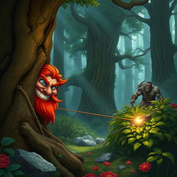 In a fantastical Dungeons & Dragons forest setting, a red-haired male rock gnome with vivid sapphire-blue eyes, along with a red beard and mustache, grins maniacally as he hides strategically behind an ancient tree