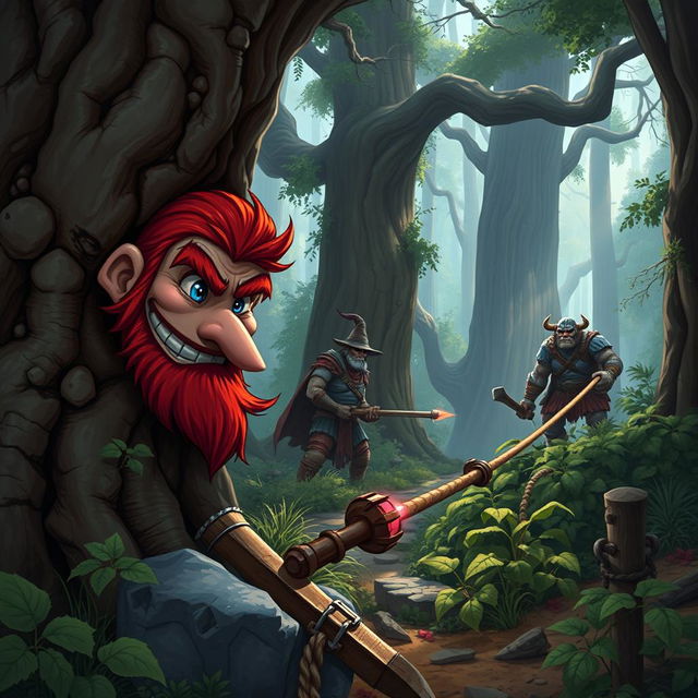 In a fantastical Dungeons & Dragons forest setting, a red-haired male rock gnome with vivid sapphire-blue eyes, along with a red beard and mustache, grins maniacally as he hides strategically behind an ancient tree