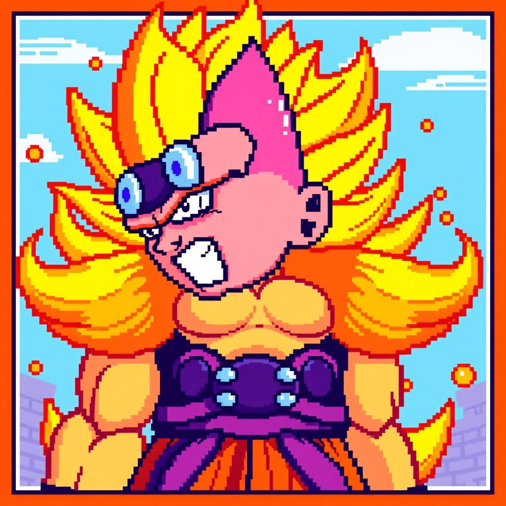 Majin Buu in Super Saiyan form, rendered in 8-bit pixel art style