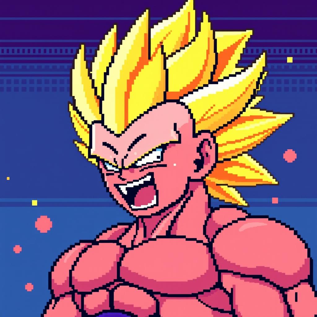 Majin Buu in Super Saiyan form, rendered in 8-bit pixel art style