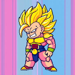 Majin Buu in Super Saiyan form, rendered in 8-bit pixel art style