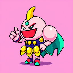 8-bit pixel art of Majin Boo, featuring vibrant colors and a detailed design suitable for a 500x500 NFT