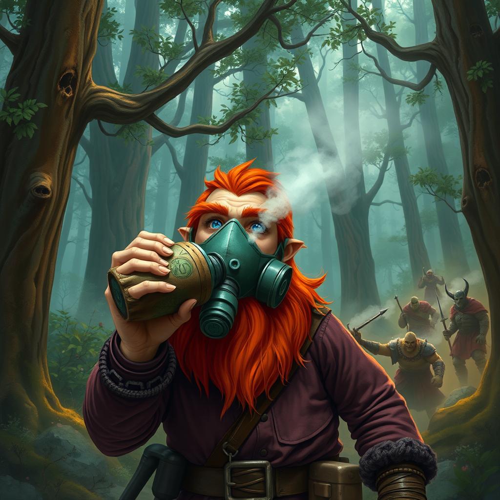 In a fantastical Dungeons & Dragons forest setting, a red-haired male rock gnome with sapphire-blue eyes, a vibrant red beard, and mustache, wears a protective gas mask