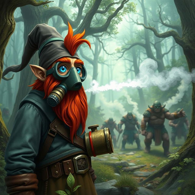 In a fantastical Dungeons & Dragons forest setting, a red-haired male rock gnome with sapphire-blue eyes, a vibrant red beard, and mustache, wears a protective gas mask