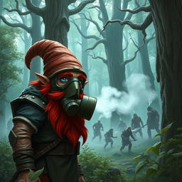 In a fantastical Dungeons & Dragons forest setting, a red-haired male rock gnome with sapphire-blue eyes, a vibrant red beard, and mustache, wears a protective gas mask