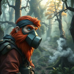 In a fantastical Dungeons & Dragons forest setting, a red-haired male rock gnome with sapphire-blue eyes, a vibrant red beard, and mustache, wears a protective gas mask