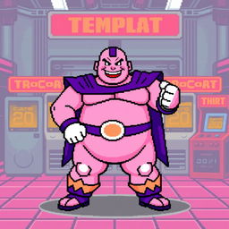 Fat Majin Buu in 8-bit pixel art style, showcasing his iconic pink skin, round body, and cheerful expression, standing in a classic fighting pose with his purple cape and white gloves