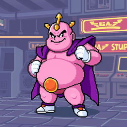 Fat Majin Buu in 8-bit pixel art style, showcasing his iconic pink skin, round body, and cheerful expression, standing in a classic fighting pose with his purple cape and white gloves