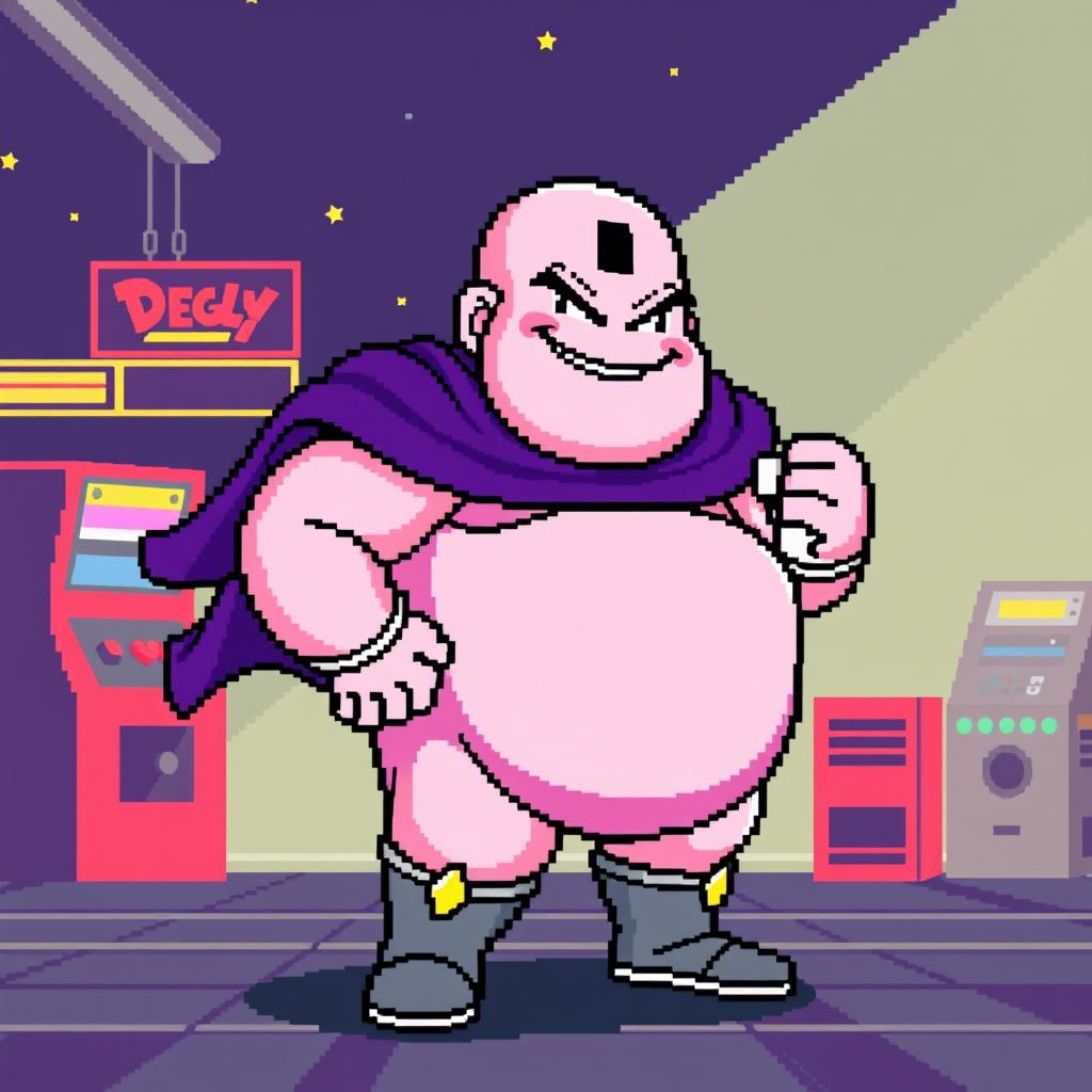 Fat Majin Buu in 8-bit pixel art style, showcasing his iconic pink skin, round body, and cheerful expression, standing in a classic fighting pose with his purple cape and white gloves